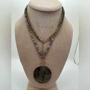 Moonstone slice large pendant long beaded gold tone necklace